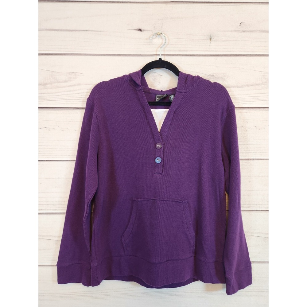 Bobbie Brooks Womens M Purple Hoodie Sweater Ribbed Knit Button V-Neck Pocket